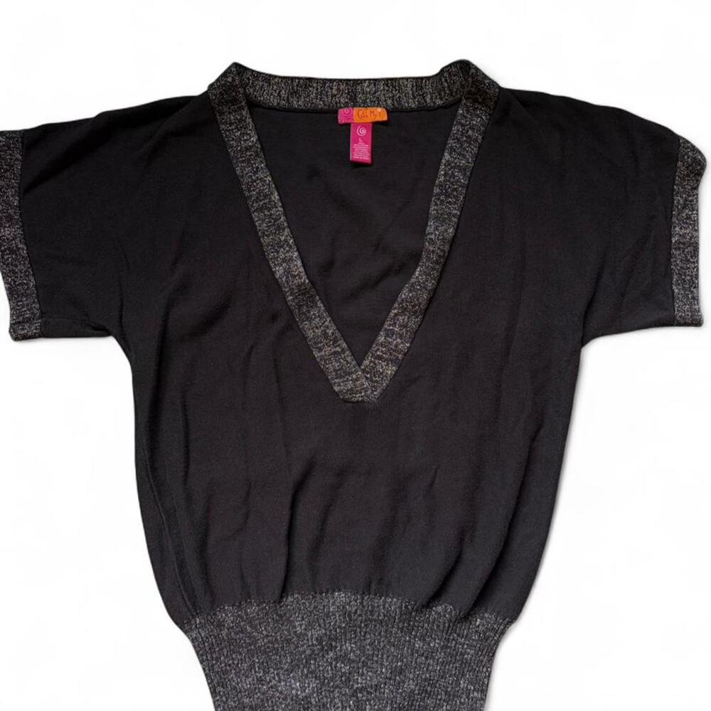 Catch My I Brown & Sparkly cinched V-neck sweater with short sleeves